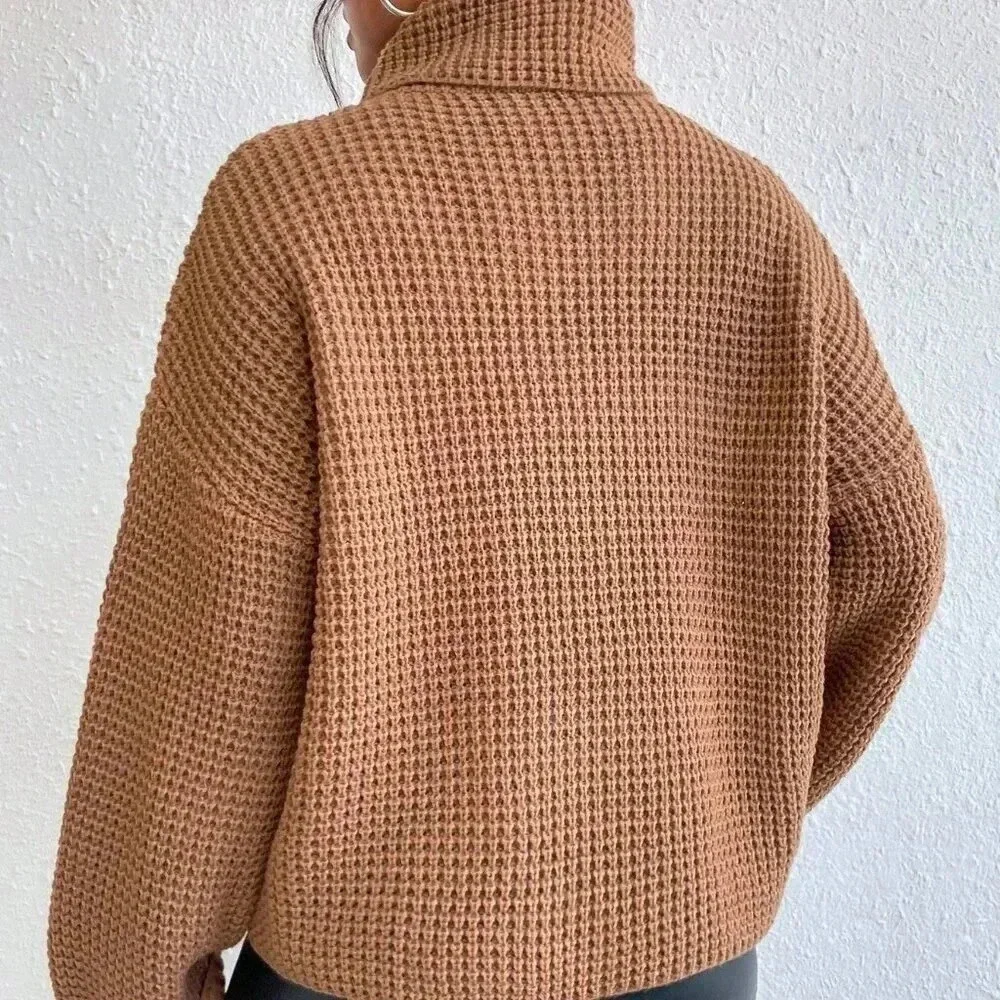 Camel Casual Women's Turtleneck Drop Shoulder Waffle Knit Sweater